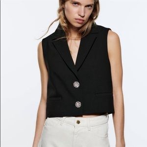Zara Jewel Button Cropped Black Vest